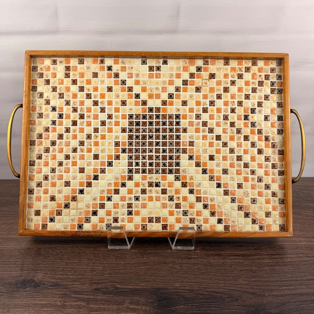 Vintage Mid Century Mosaic Tile Serving Tray Wood Brass Handles Made in USA